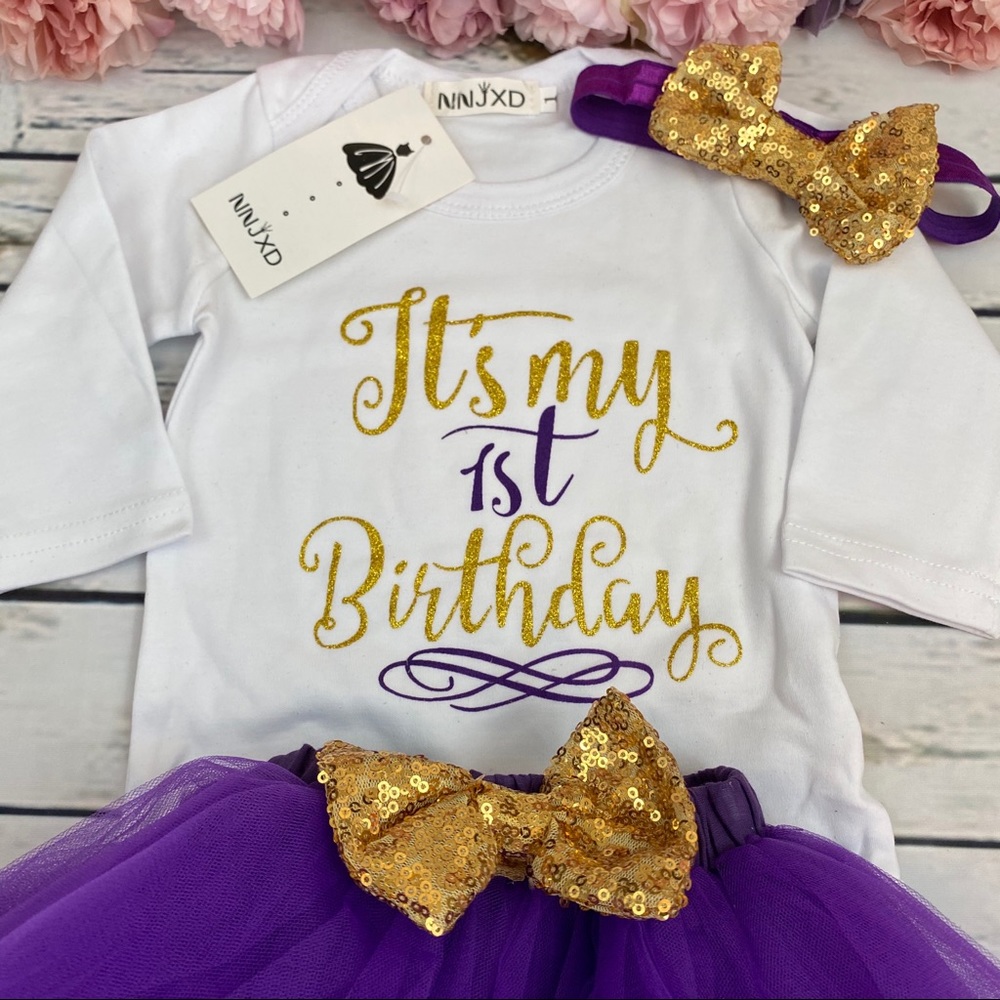 1st Birthday Outfit Matching Onesie Purple Tulle Skirt and Headband - Picture 5 of 14